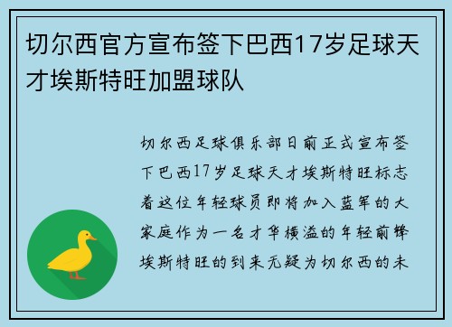 切尔西官方宣布签下巴西17岁足球天才埃斯特旺加盟球队