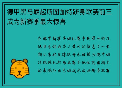 德甲黑马崛起斯图加特跻身联赛前三成为新赛季最大惊喜
